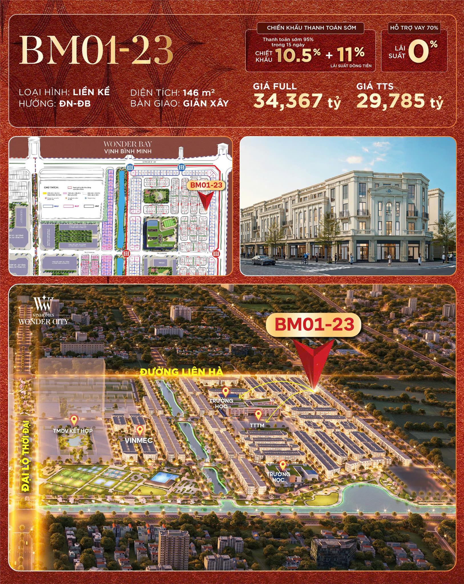 Bán Căn Bình Minh 01-23  - Vinhomes Đan Phượng, Diện tích 146m², hướng Đông Nam - Đông Bắc  -  Giá 29,7 Tỷ.