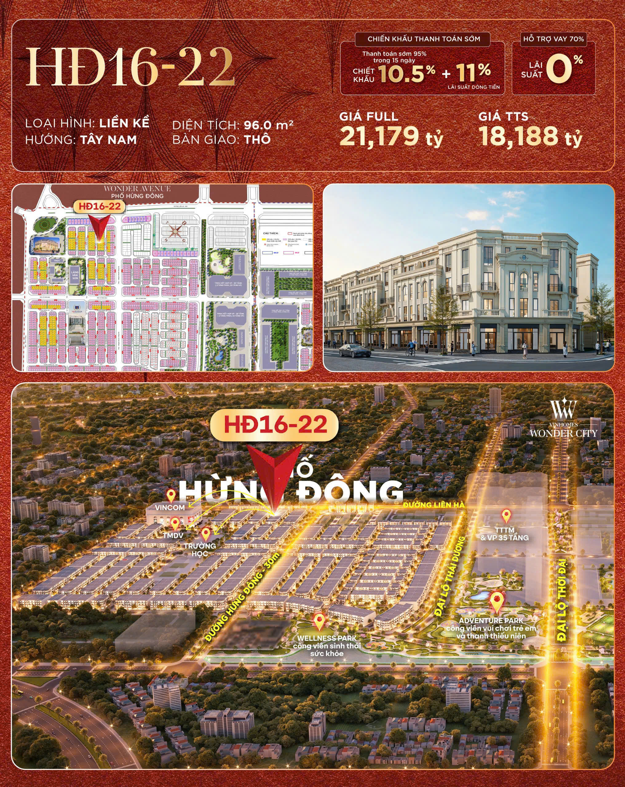 Bán căn Hừng Đông16-22, 96m² Vinhomes Đan Phượng – Giá chỉ 18.188 tỷ – Cạnh Vincom, vị trí đẹp hướng Tây Nam