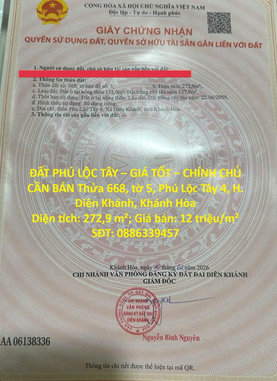 ĐẤT PHÚ LỘC TÂY – GIÁ TỐT – CHÍNH CHỦ CẦN BÁN Thửa 668, tờ 5, Phú Lộc Tây 4, H. Diên Khánh, Khánh Hòa