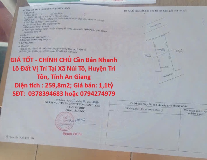 GIÁ TỐT - CHÍNH CHỦ Cần Bán Nhanh Lô Đất Vị Trí Tại Xã Núi Tô, Huyện Tri Tôn, Tỉnh An Giang