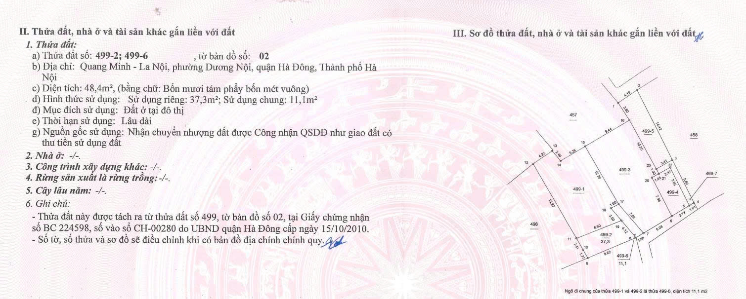 CHÍNH CHỦ BÁN ĐẤT THỔ CƯ  TẠI DƯƠNG NỘI, HÀ ĐÔNG, HÀ NỘI