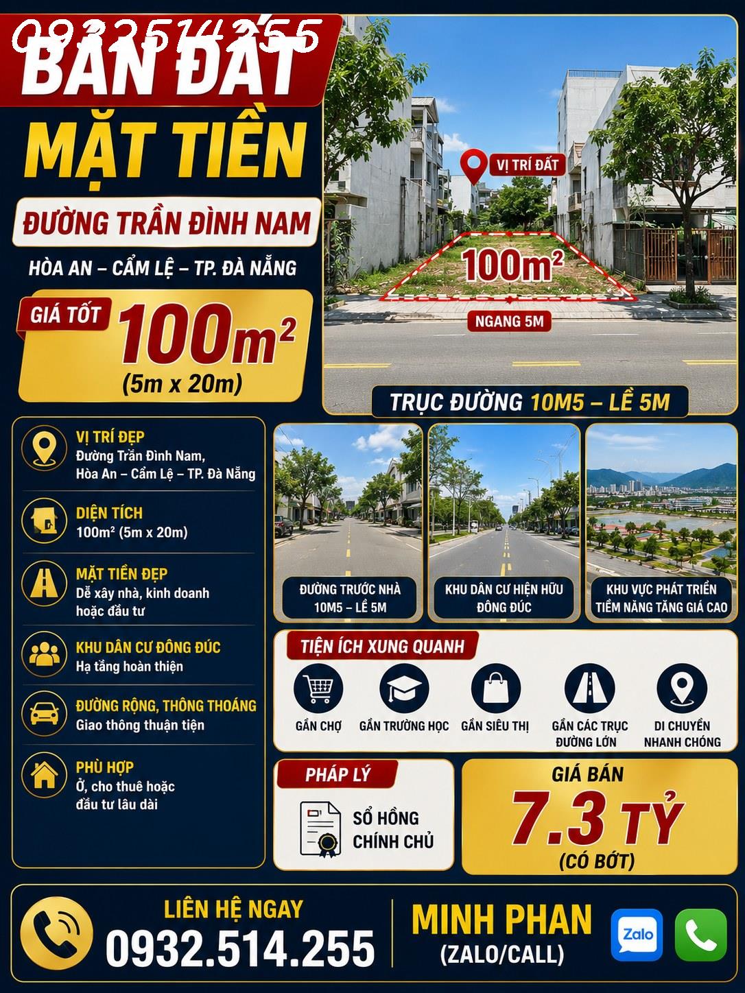 Chính chủ bán đất Trần Đình Nam  đường 10m5 - Hoà An Cẩm Lệ - Giá 7 tỷ 2 - LH 0932514255