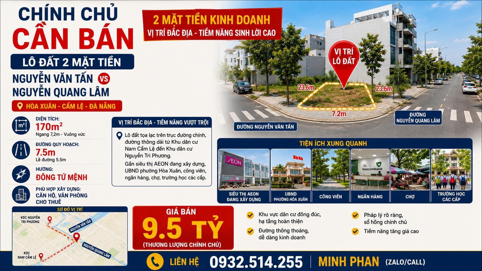 Chính chủ bán lô đất 2 MT Nguyễn Văn Tấn vs Nguyễn Quang Lâm - Hoà Xuân Cẩm Lệ -170m2
