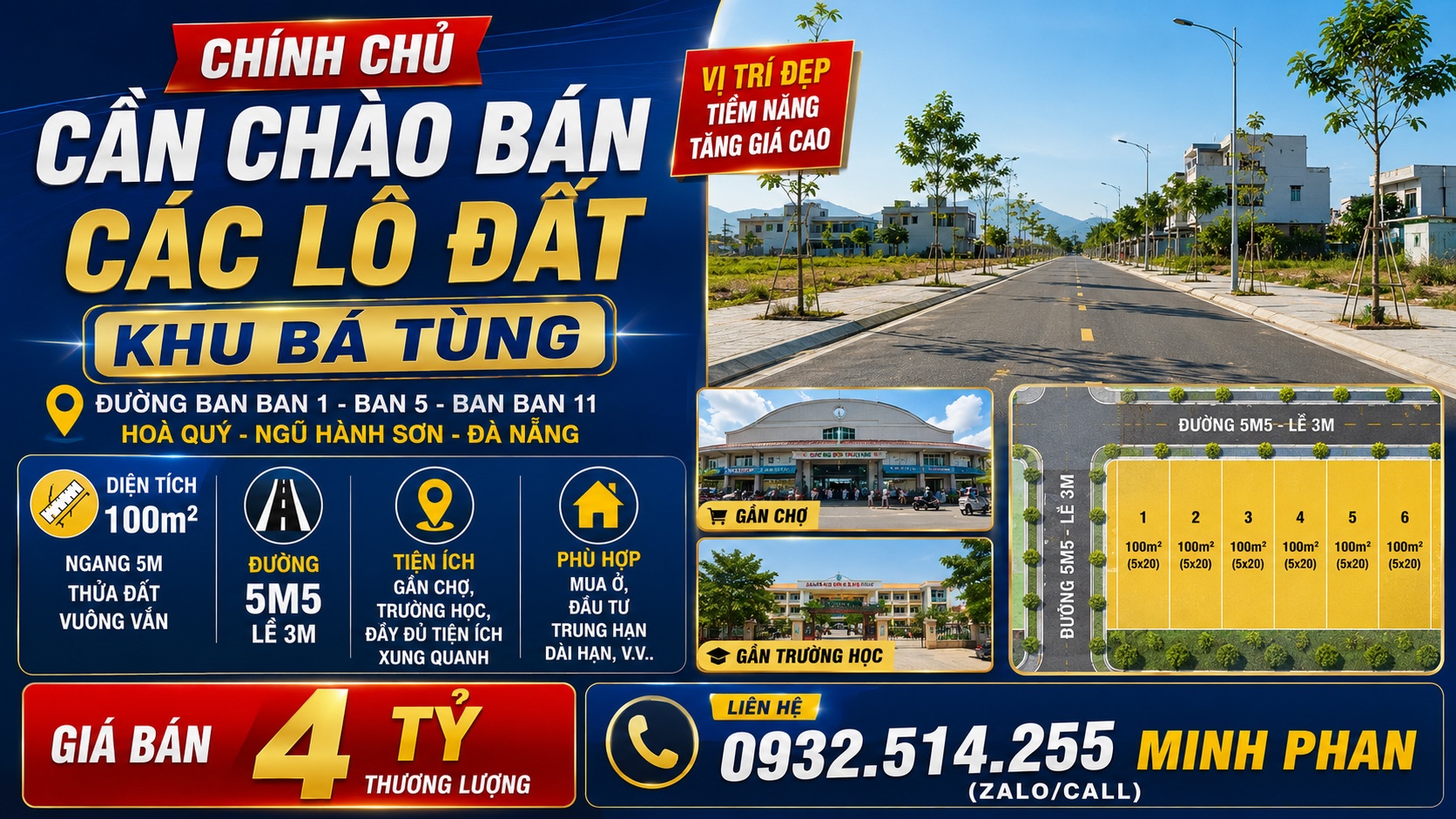 Bán đất TĐC Bá Tùng đường Ban Ban 1, Hòa Quý, Ngũ Hành Sơn, chỉ 4 tỷ Tl