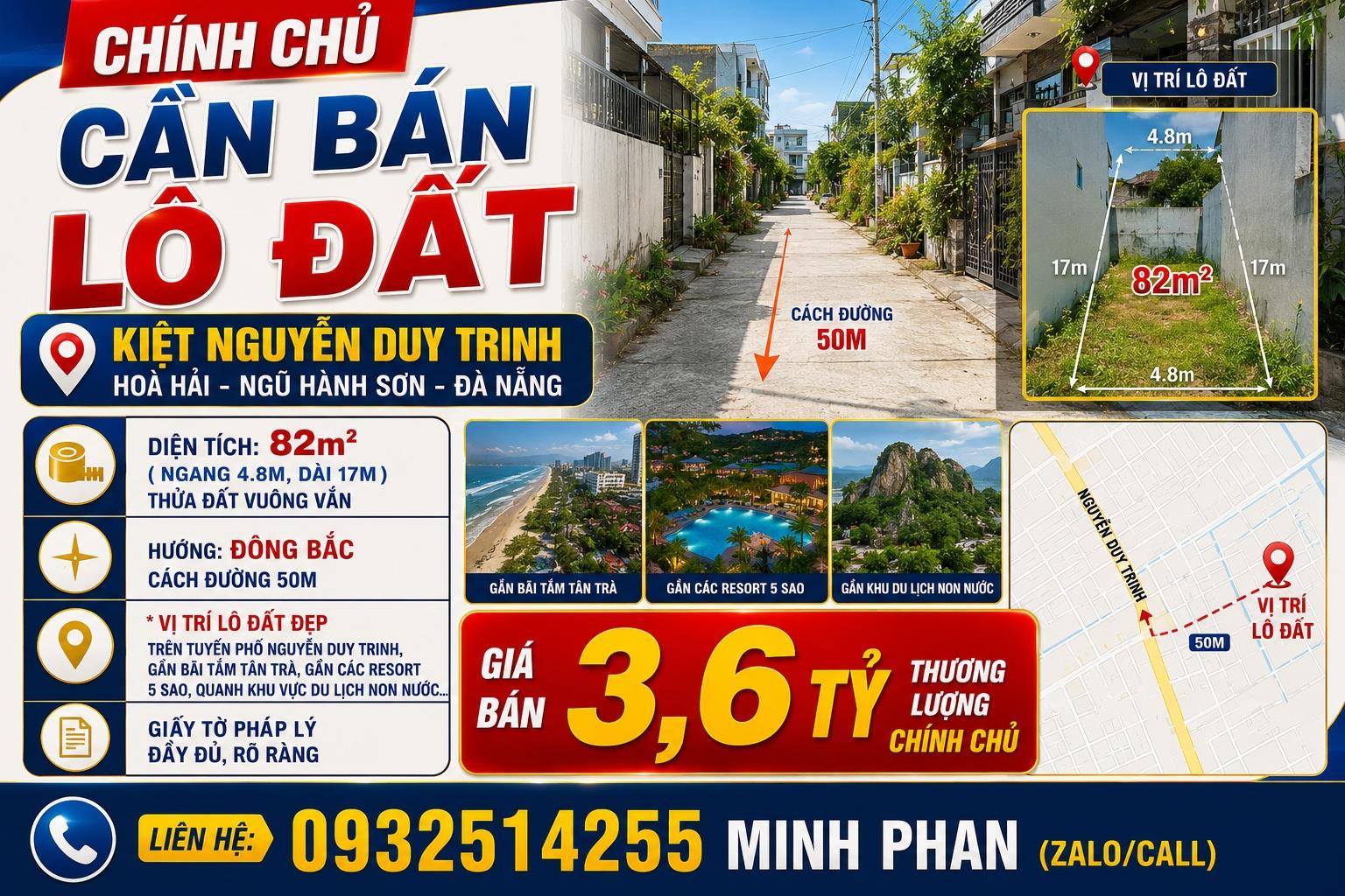 Bán Đất Kiệt ô tô Nguyễn Duy Trinh - Ngũ Hành Sơn - Ngang 5m - 82 m2 - Giá chỉ 3.6 tỷ