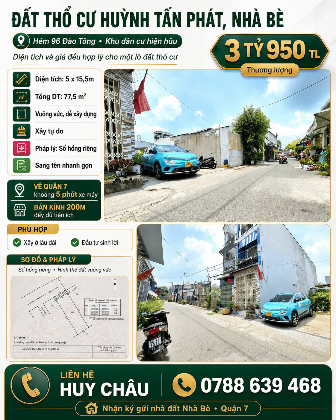 3 tỷ 950 CÓ NGAY LÔ ĐẤT HẺM XE HƠI 8m 5.5x15