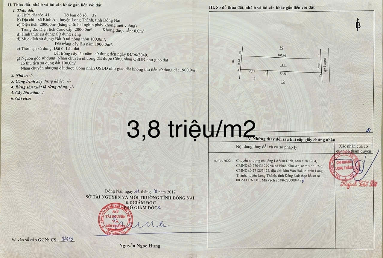 2,000m2 có sẳn 100m2 thổ cư gần sân bay long thành, thổ cư san73, giá chỉ 3,8 triệu /m2