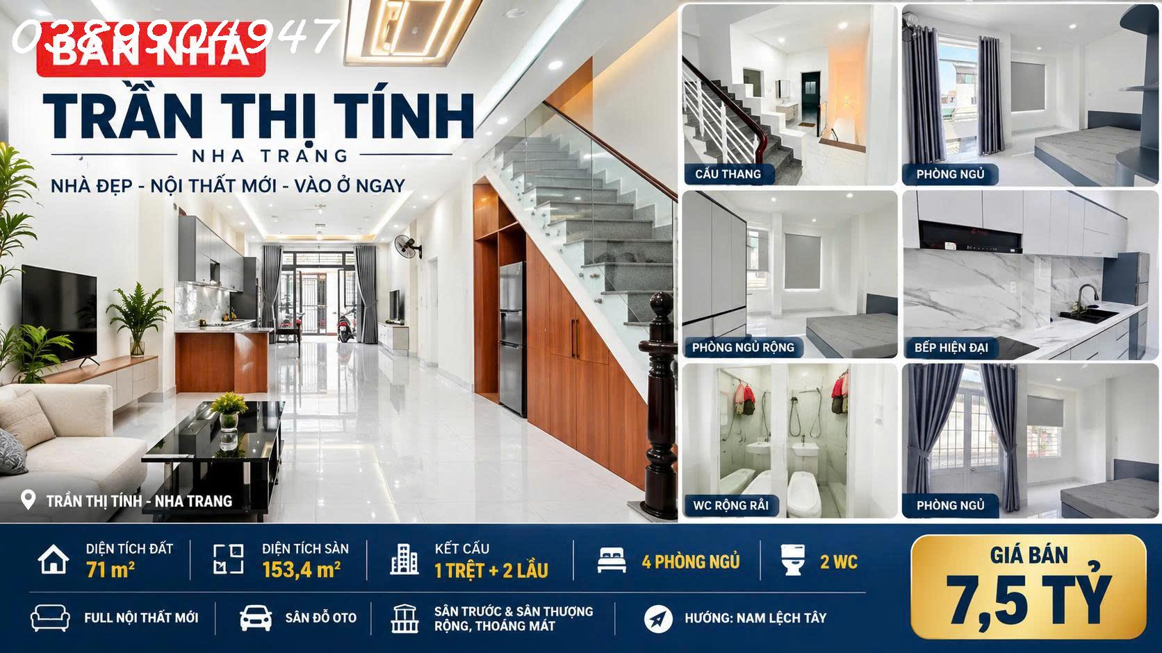 BÁN NHÀ MỚI 3 TẦNG MẶT TIỀN ĐƯỜNG TRẦN THỊ TÍNH NHA TRANG – DIỆN TÍCH SÀN 153,4M² FULL NỘI THẤT CAO CẤP CÓ 4 PHÒNG NGỦ SÂN ĐỖ Ô TÔ VÀ SÂN THƯỢNG THOÁNG MÁT SỔ HỒNG CHUẨN CHỈNH GIÁ 7,5 TỶ