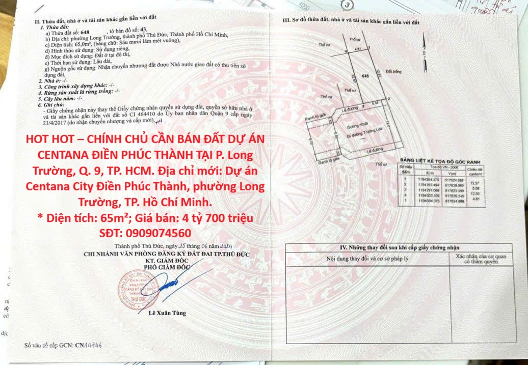 HOT HOT – CHÍNH CHỦ CẦN BÁN ĐẤT DỰ ÁN CENTANA ĐIỀN PHÚC THÀNH TẠI P. Long Trường, Q. 9, TP. HCM