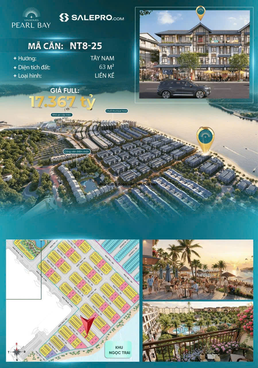 BÁN LIỀN KỀ VINHOMES PEARL BAY – KHU NGỌC TRAI  NT8-25  63M²  CÁCH BIỂN 28M  4 TẦNG  THANH TOÁN SỚM 16,06 TỶ