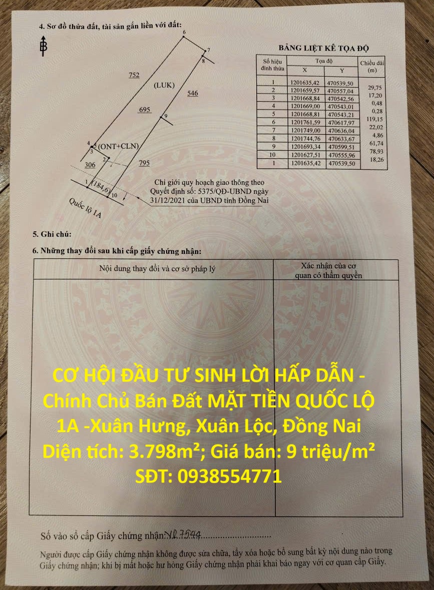 CƠ HỘI ĐẦU TƯ SINH LỜI HẤP DẪN -Chính Chủ Bán Đất MẶT TIỀN QUỐC LỘ 1A -Xuân Hưng, Xuân Lộc, Đồng Nai