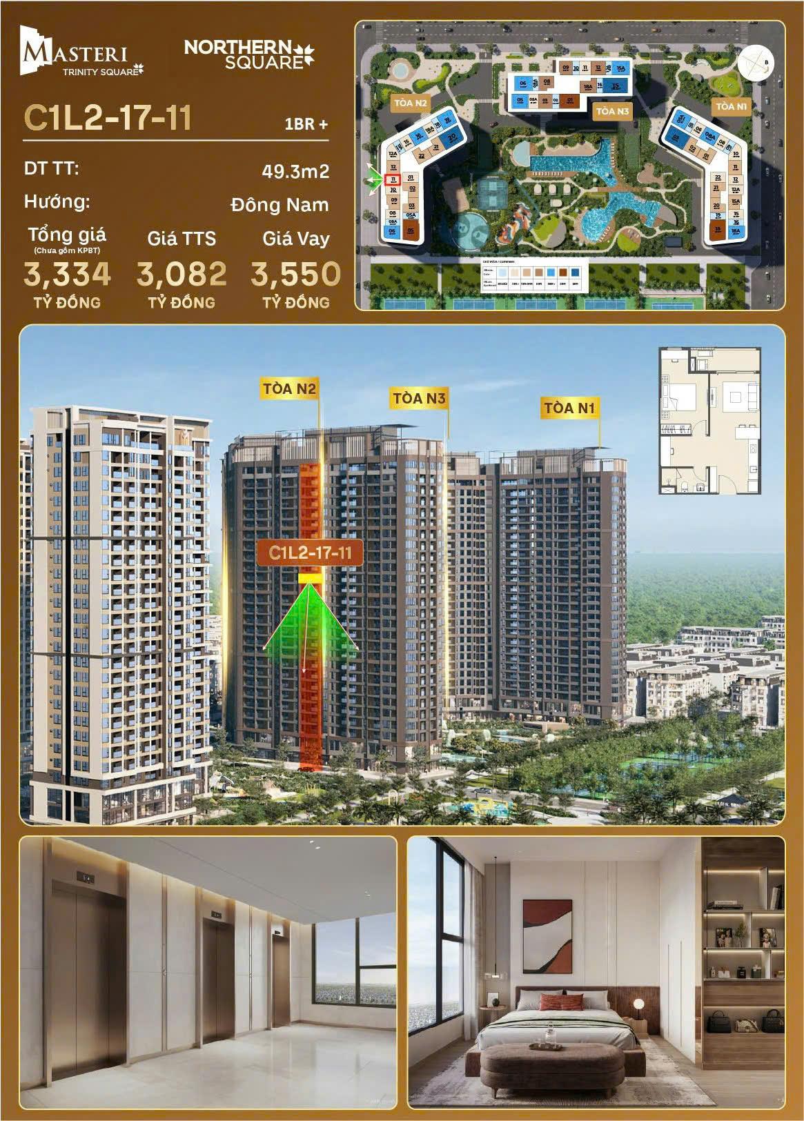 Chung cư Masteri Trinity Square – Vinhomes Ocean Park 2, Căn 1PN+ diện tích 49,3m2 hướng Đông Nam giá chỉ 3 tỷ