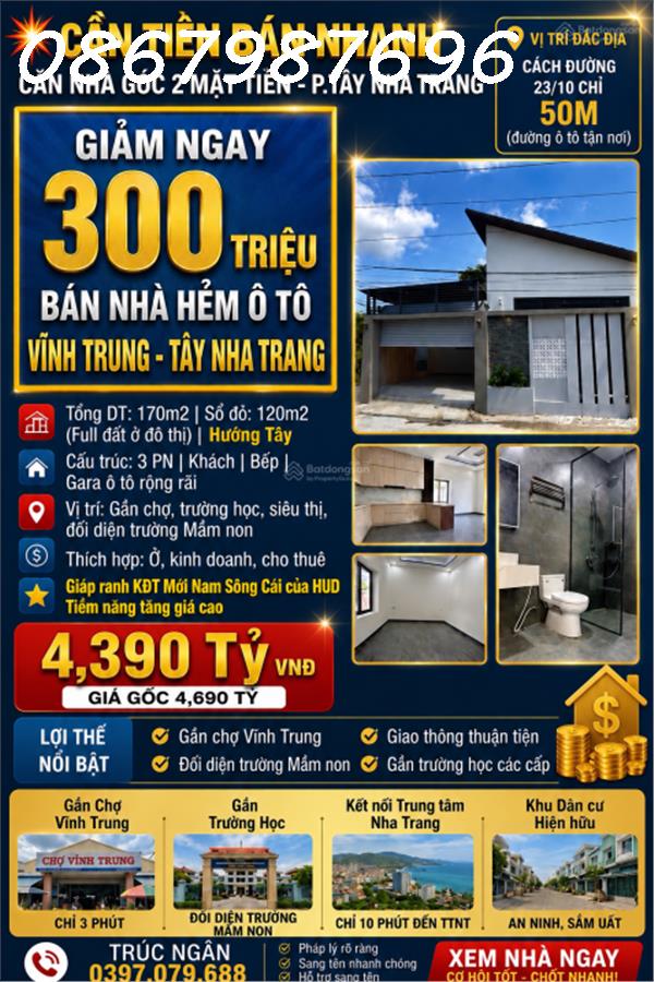 [SIÊU PHẨM CĂN GÓC] NHÀ MỚI ĐẸP ĐỐI DIỆN TRƯỜNG MẦM NON VĨNH TRUNG – TÂY NHA TRANG – ĐẤT 170M² – CÓ GARA Ô TÔ – GIÁ 4,39 TỶ