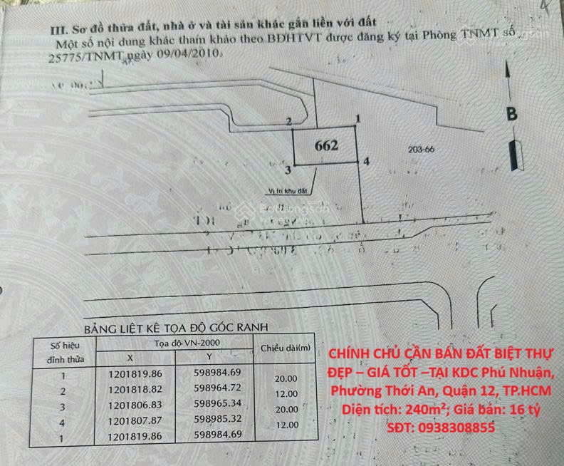 CHÍNH CHỦ CẦN BÁN ĐẤT BIỆT THỰ ĐẸP – GIÁ TỐT –TẠI KDC Phú Nhuận, Phường Thới An, Quận 12, TP.HCM